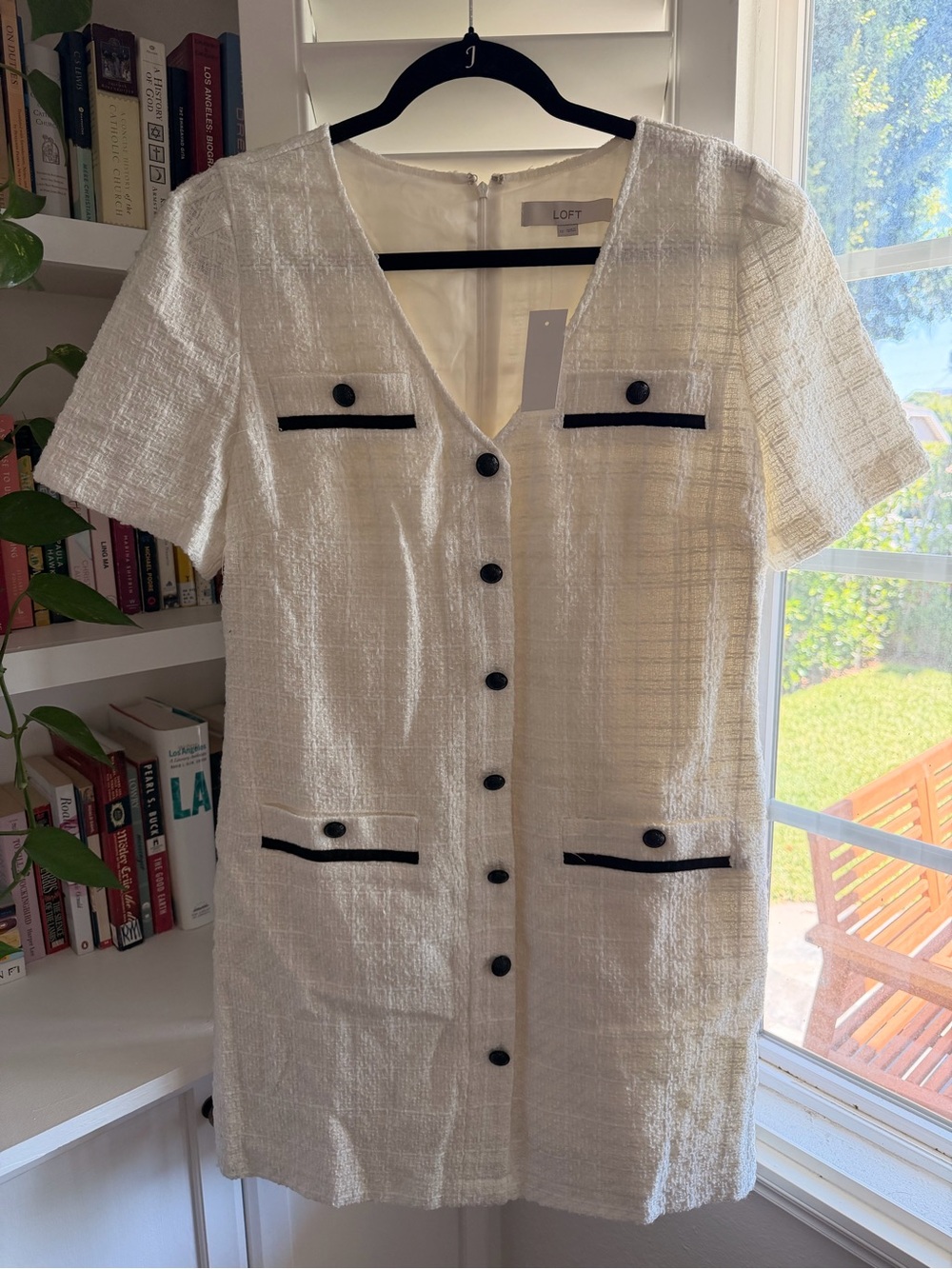 LOFT White Tweed Mini Dress with Black Trim